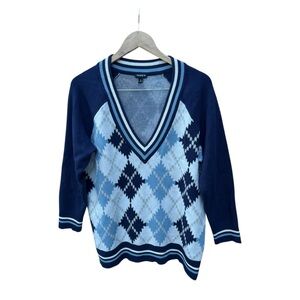 Torrid Everyday Soft V Neck Raglan Pullover Sweater Blue Argyle 0